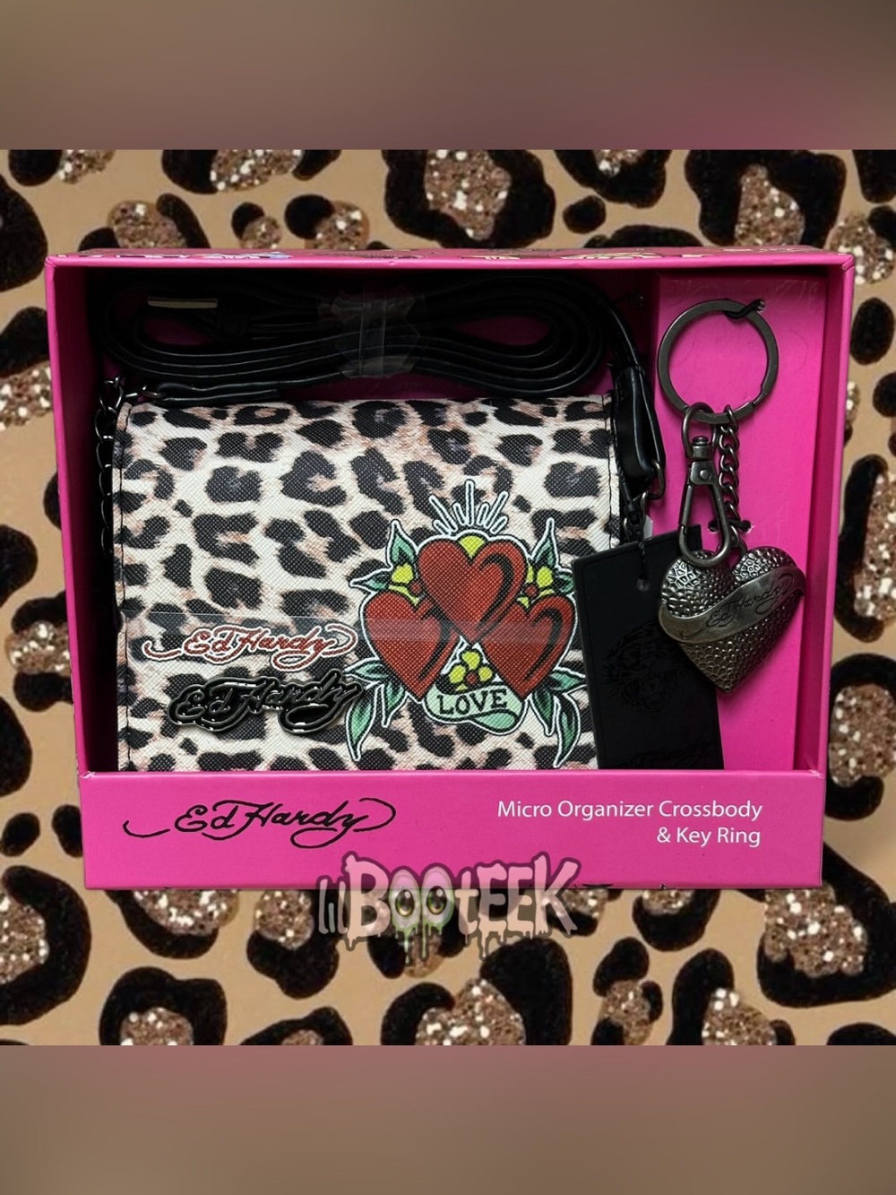 Ed Hardy Crossbody Purse & Bag Charm Key Chain Gift Set Leopard Print Y2K NEW